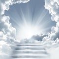 Stairway to Heaven.Stairs in sky.  Concept with sun and white clouds. Religion  background Royalty Free Stock Photo