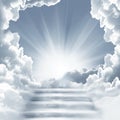 Stairway to Heaven.Stairs in sky. Concept with sun and white clouds. Religion background