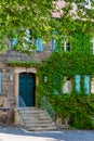 Stairway to a historic sandstone building