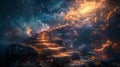 Stairway to the stars with glowing steps - generative ai Royalty Free Stock Photo