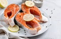 Stake Fish trout with lemon and spices on cement background