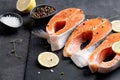 Stake Fish trout with lemon and spices on dark background