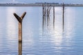 Stakes on the roof of the old railway station that was flooded by the dam of a Hydroelectric Plant on the ParanÃÂ¡ River Royalty Free Stock Photo