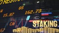 The staking text refers to the process of actively participating in a blockchain network 3d rendering