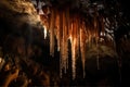 stalactite, hanging from the ceiling of cave, with droplets of water