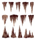 Stalactite stalagmite. Icicle shaped hanging and upward growing mineral formations in cave. Nature brown limestones
