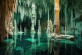 stalactites and stalagmites in an aquatic grotto