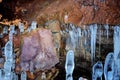 Stalagmite-like ice formations in a lava cave with textured rock walls, showcasing natural winter phenomena. Royalty Free Stock Photo