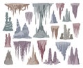 Stalagmite and stalactite limestone stones. Cartoon growth stalagmite formations, underground stalactite icicles flat vector