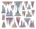 Stalagmite and stalactite limestone stones. Cartoon growth stalagmite formations, underground stalactite icicles flat vector Royalty Free Stock Photo