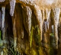 Stalagmite stones hanging on the ceiling of a drip cave, underground grotto background Royalty Free Stock Photo