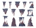 Stalagmite stones. Mountains natural rocks objects in cave exact vector collection set