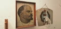 Stalin picture, retro socialist Hungarian coat-of-arms and a glass calabash in an old room in Ruzsa, Hungary