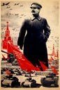 Stalin and russian tanks at Red Square poster from World War II and Cold War with Soviet soldiers. USSR propaganda.