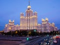 Stalin skyscraper on Kotelnicheskaya Embankment in Moscow, Russia. View of the high-rise building at dusk with the Royalty Free Stock Photo