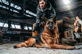 Stalker and dog, friends in post apocalyptic world