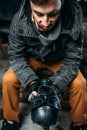 Stalker with gas mask, post apocalyptic lifestyle Royalty Free Stock Photo