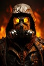 A stalker man in a gas mask,fire in the background Book cover