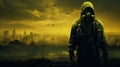 Stalker in a respirator. Background of a radioactive explosion.