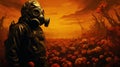 Stalker in a respirator. Background of a radioactive explosion.