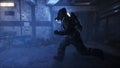 Stalker runs along an abandoned subway. The concept of a post-apocalyptic world after a nuclear war. 3D Rendering.