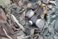 Stalker soldiers soviet gas mask lies with knife on green khaki camouflage jackets