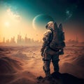 A stalker in a space suit explores the dead city. Fantasy landscape.