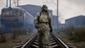 A stalker walks along railway tracks in a desolate, dreary post-apocalyptic world. A man surviving a nuclear apocalypse