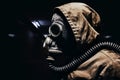 Stalker warrior in protective soviet gas mask profile