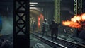 Stalkers in chemical protective clothing walk along an abandoned subway with a flamethrower during a virus epidemic. The