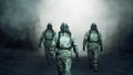 Stalkers in military protective clothing and a gas mask are walking along an abandoned and deserted metro. The concept