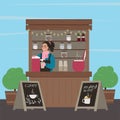 Stall counter. The girl sells mulled wine and coffee. Hot drinks. Vector illustration