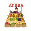 Stall counters. Street farmer`s market booth with a selection of fruits and vegetables. Open local fair. Vector illustration