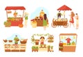 Stall market shops set of sellers at counter and food, isolated vector illustrations. Market sellers at kiosks with