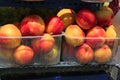 Stall with peaches in plastic boxes at street market Royalty Free Stock Photo