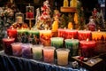 stall selling assorted christmas themed candles