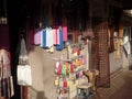 Stall selling textiles at a craft market in Marrakech, Morocco