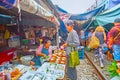 The stall with steamed mackerel in Maeklong Railway Market, Thailand Royalty Free Stock Photo