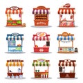 Stall street market vector illustration. Food market kiosk with fastfood, stand and marketplace set Royalty Free Stock Photo