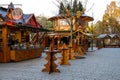 Stalls at the Christmas market. Stalls with mulled wine, with ham and sweets Dusseldorf, Germany.