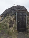 Church at traditonal saami style at Staloluokta sami village at Virihaure lake. Summer moody and foggy day at