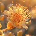 Stamen, pollen grains, reproductive function, close-up view, 3D render, golden hour, lens flare