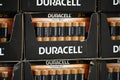 Duracell copper top disposable D batteries. Bulk packaging on sale display at big box retailer.