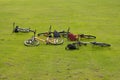 Stamford, United Kingdom. May 31, 2019 - Family cycling on bikes outdoors aerial view from above, family sport and fitness on