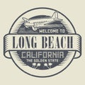 Stamp with airplane and text Welcome to California, Long Beach