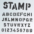 Stamp alphabet font template. Grunge letters and numbers stencil design