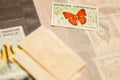 Stamp with butterfly among other stamps