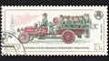 Stamp dedicated to historic fire engine. History of fire fighting equipment