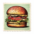 Vintage Stamp With Burger: Mark Brooks Style Editorial Illustration