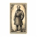 Vintage Money Themed Postcard With Detailed Ink Illustration Of A Uniformed Man